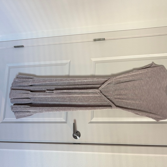 Caution To The Wind V-Neck Striped Midi Dress in Cream and Gray - Picture 5 of 6
